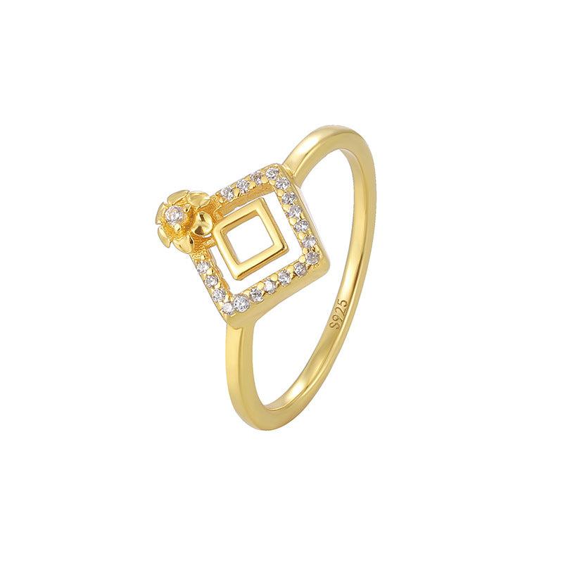 SR0009 S925Silver plating14K Gold Hollow Square Flower Inlaid Zircon Ring for Women Fashion