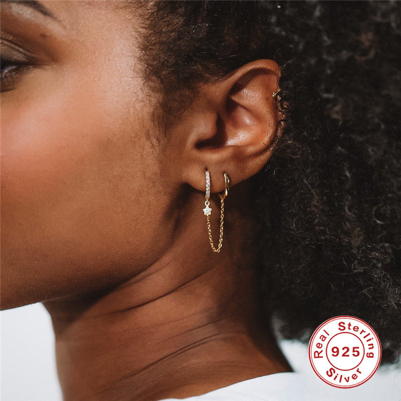 S925Sterling Silver Double Hoop Chain Connected Five-Pointed Star Inlaid Diamond Pendant Hoop Earrings Trendy Exaggerated Ear Jewelry