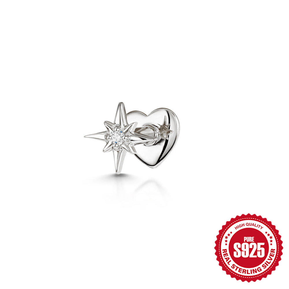 925Sterling Silver Style Inlaid Diamond Octagonal Star Heart Flat Head Soft Bone Piercing Ear Bone Stud New Threaded Earrings