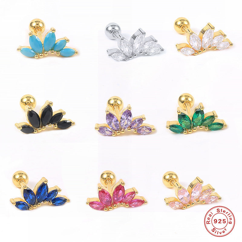 S925Sterling Silver Colorful Diamond Crown Flower Piercing Threaded Ear Bone Stud Mini Inlaid Diamond Ear Cartilage Stud Earrings for Women