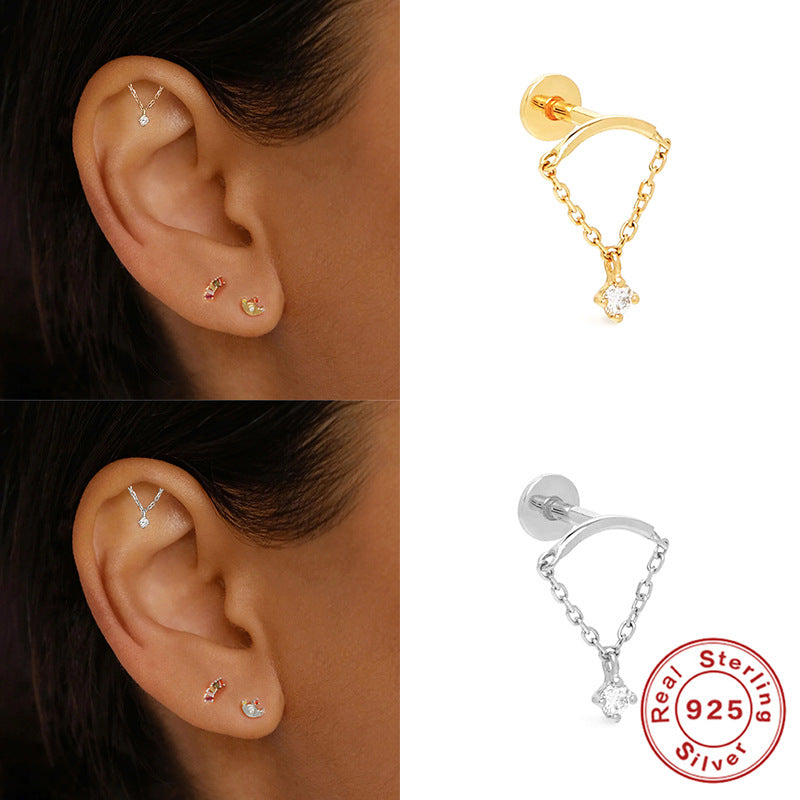 S925Sterling Silver Inlaid Diamond Tassel Chain Flat Head Threaded Piercing Ear Bone Stud Fashion Style Earrings
