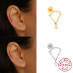 S925Sterling Silver Inlaid Diamond Tassel Chain Flat Head Threaded Piercing Ear Bone Stud Fashion Style Earrings