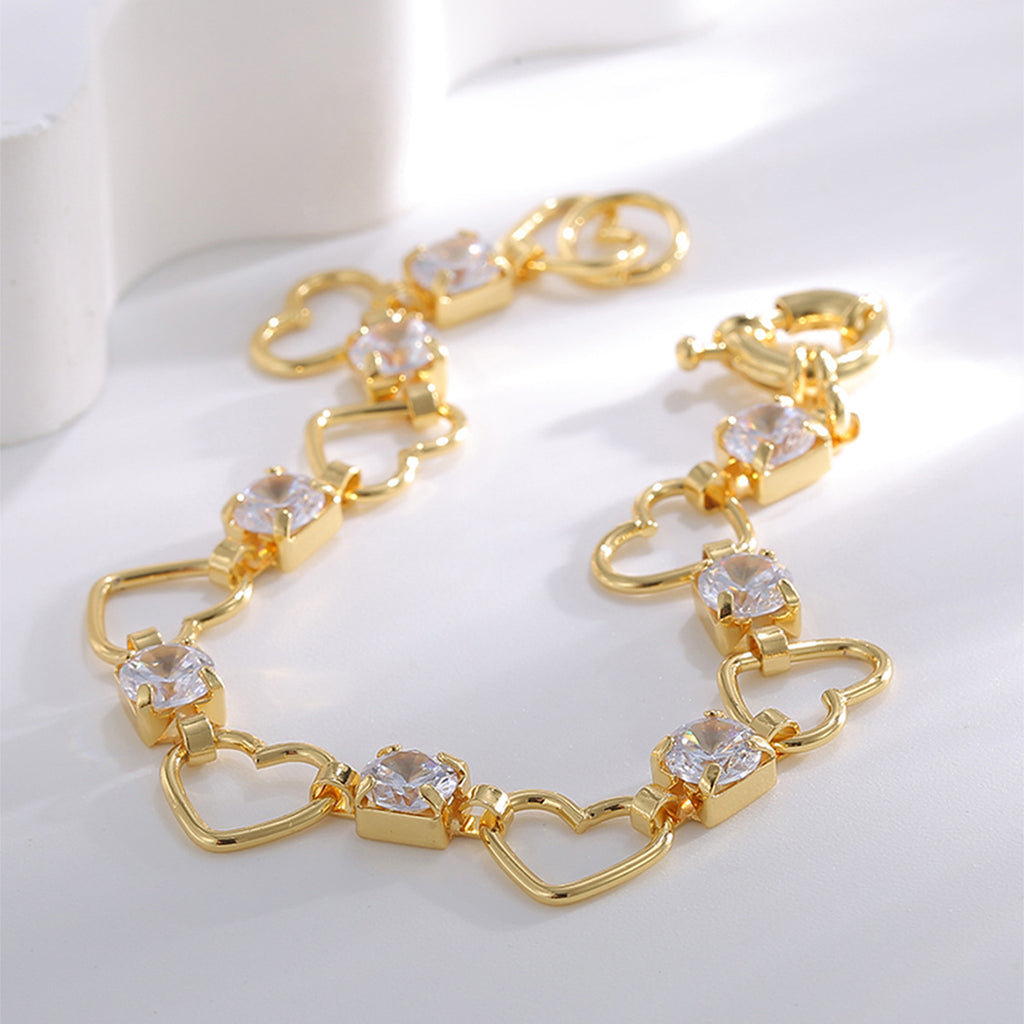B0188 Fashion Hollow Heart Bracelet for Women Copper Gold Plated Zircon Heart