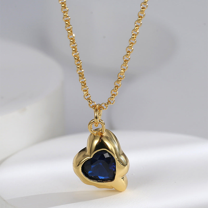N0257 Fashion Retro Design Necklace for Women Deep Blue Zircon Irregular Heart Pendant