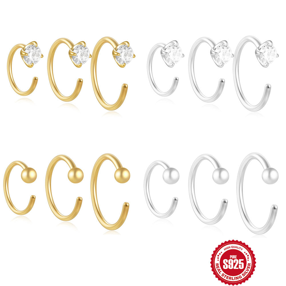 New S925Sterling Silver C Four-Prong Diamond-Studded Piercing Threader Ear Clip Earrings Set Hot-Selling Creative Earrings