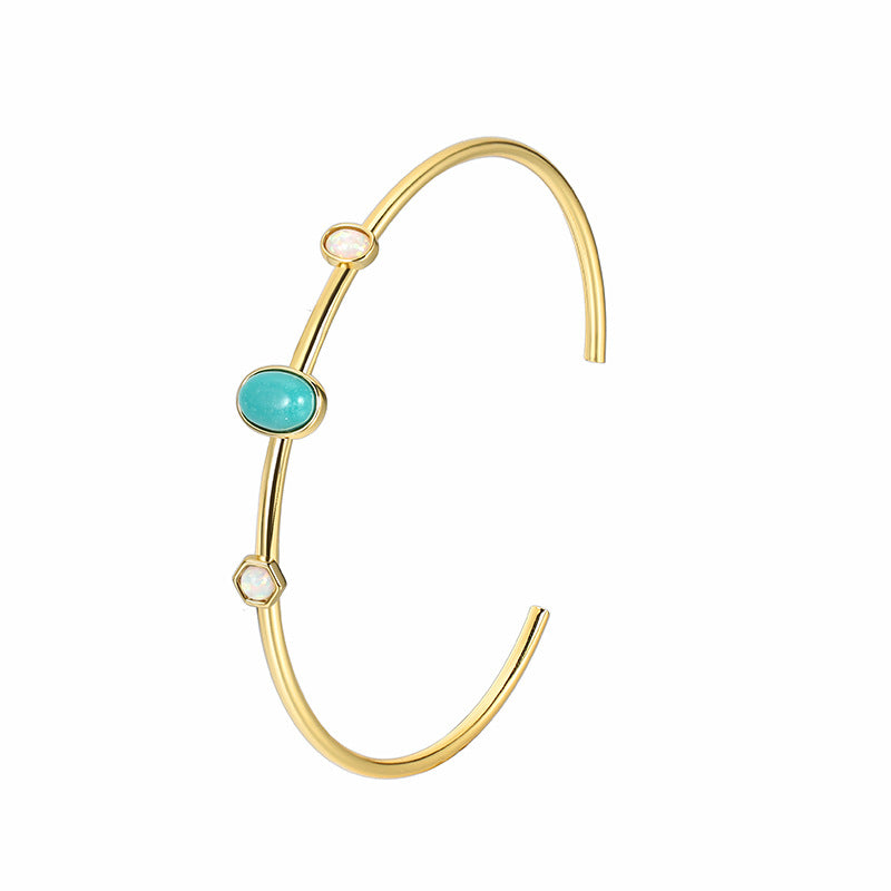 B0085 Geometric Minimalist Inlaid Opal Bracelet for Women Fashion Retro Turquoise Adjustable Open Bangle