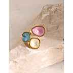 2H 18K Gold Stainless Steel Ring with Diamonds for Women, Inlaid with Three-Color Rhinestones, Open Ring