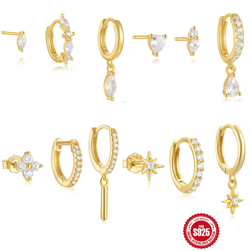 925Sterling Silver Eight-Pointed Star with Diamond Inlay Classic3Set of Earrings Hoop Earrings Hot-Selling Horse Eye Water Drop Earrings