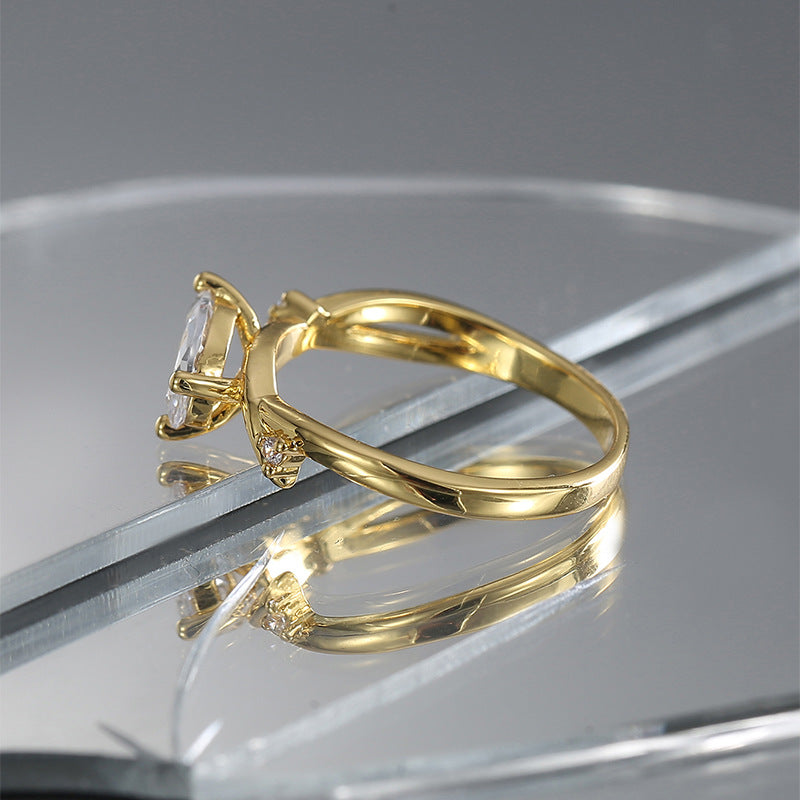 R0534 Simple Design Ring for Women, Brass with Gold Plating, Cold Freshwater Drop-Shaped Zircon