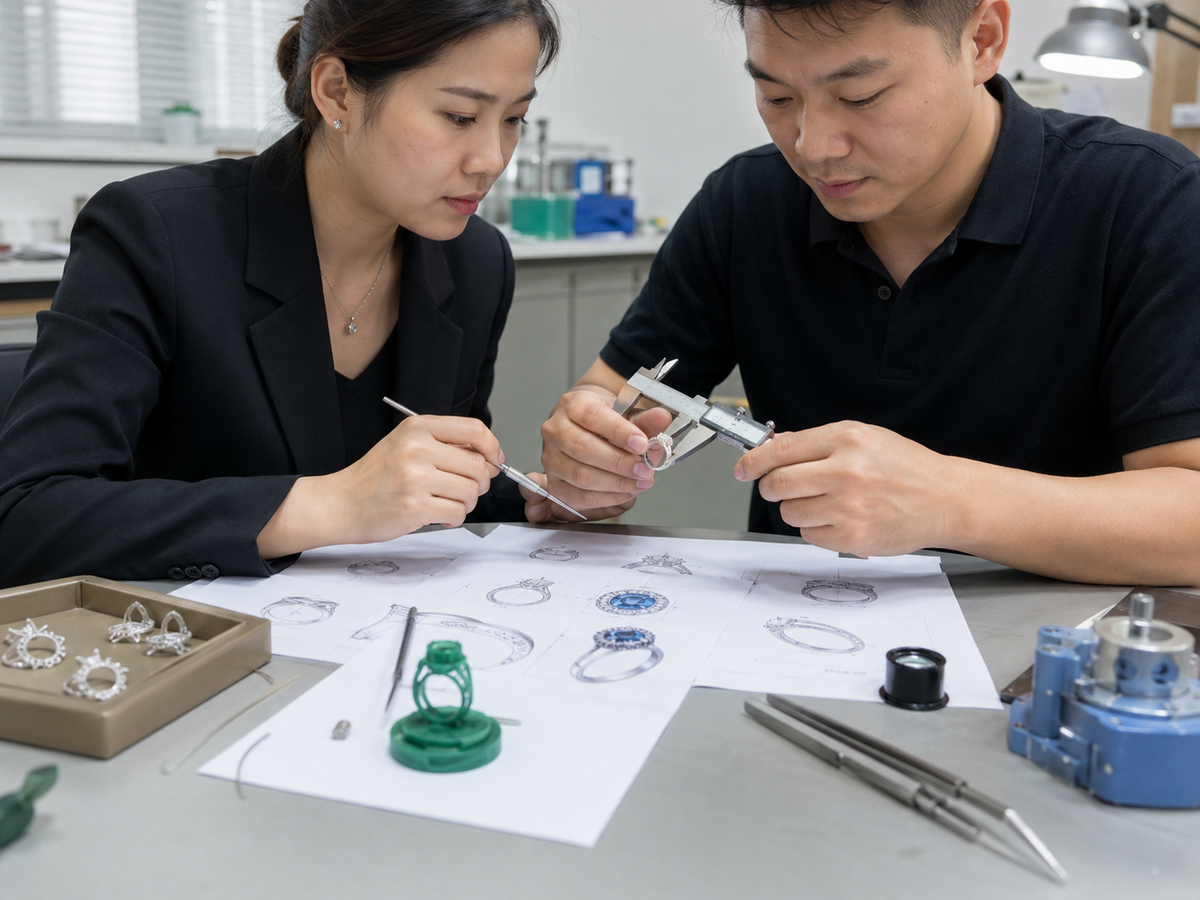Chinese jewelry development team checking a custom ring prototype and CAD drawings