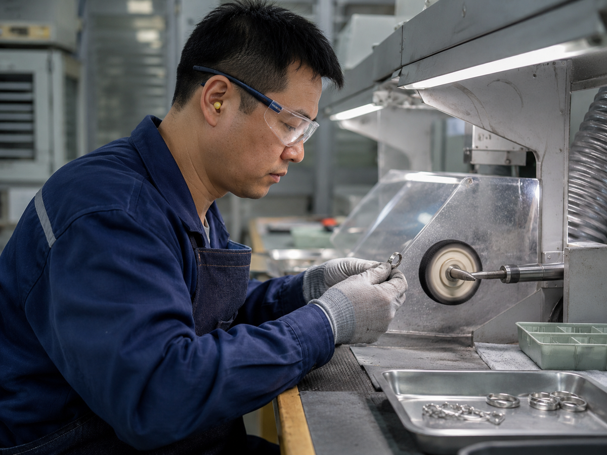 Chinese jewelry worker polishing a stainless steel piece at an extraction bench