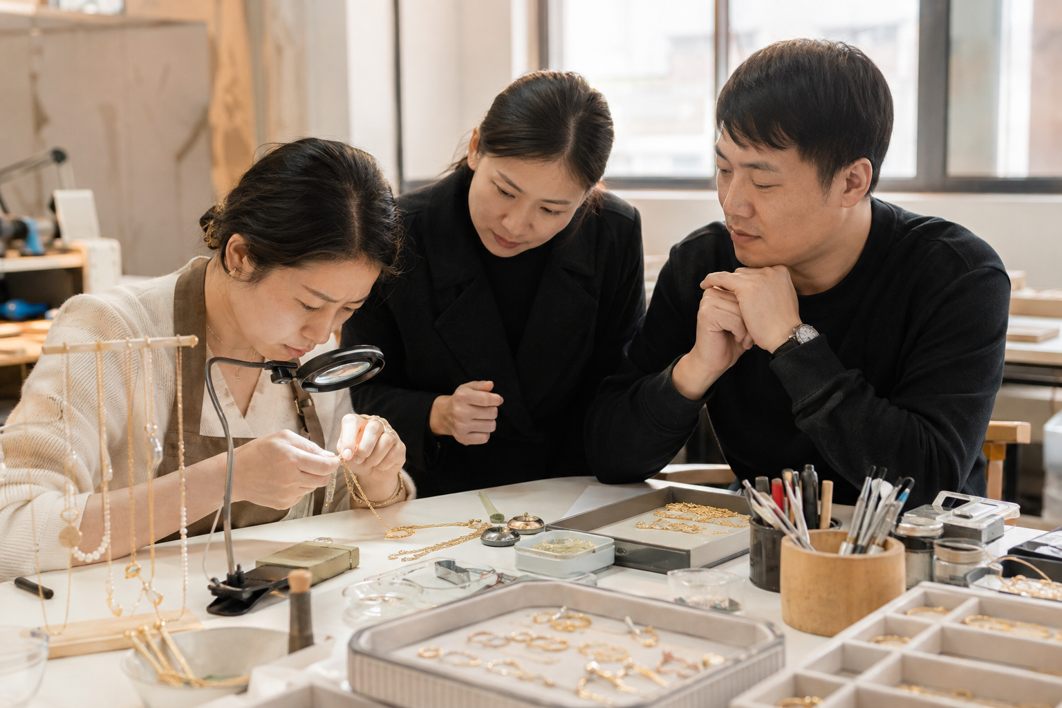 Jewelry manufacturing team inspecting gold-plated wholesale fashion jewelry