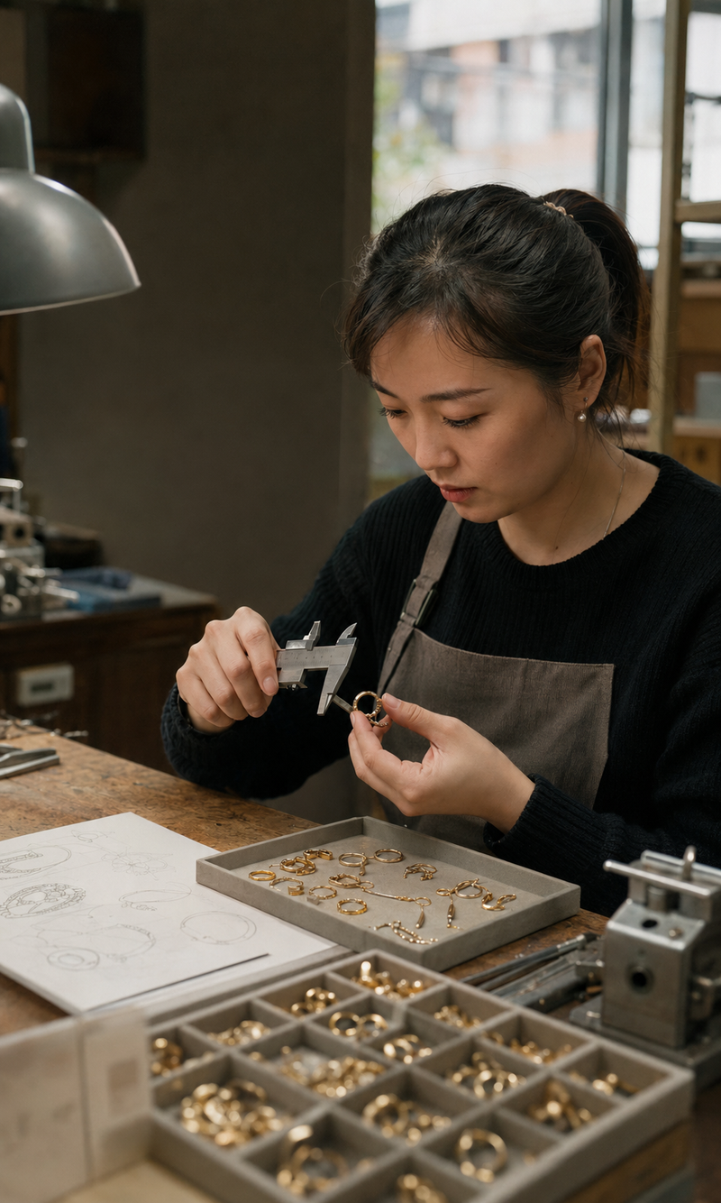 Chinese jewelry production specialist checking gold-plated sample dimensions at a professional jewelry workshop