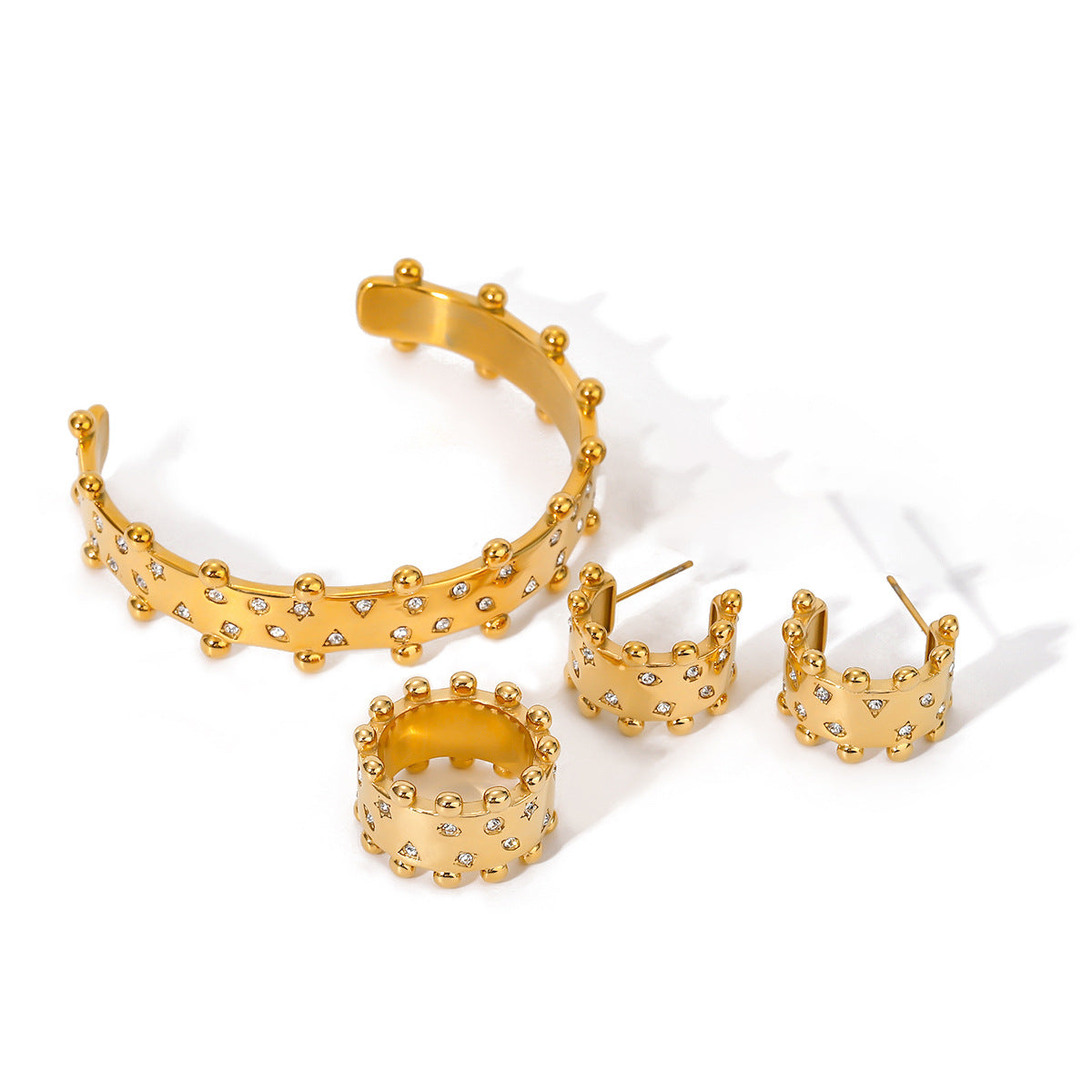 2H Stainless Steel Jewelry with Diamond Stud Earrings, Non-Fading Bracelet, and Ring