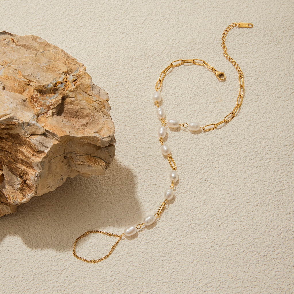 2H Stainless Steel Freshwater Pearl Finger Bracelet Jewelry for Women, Non-Fading