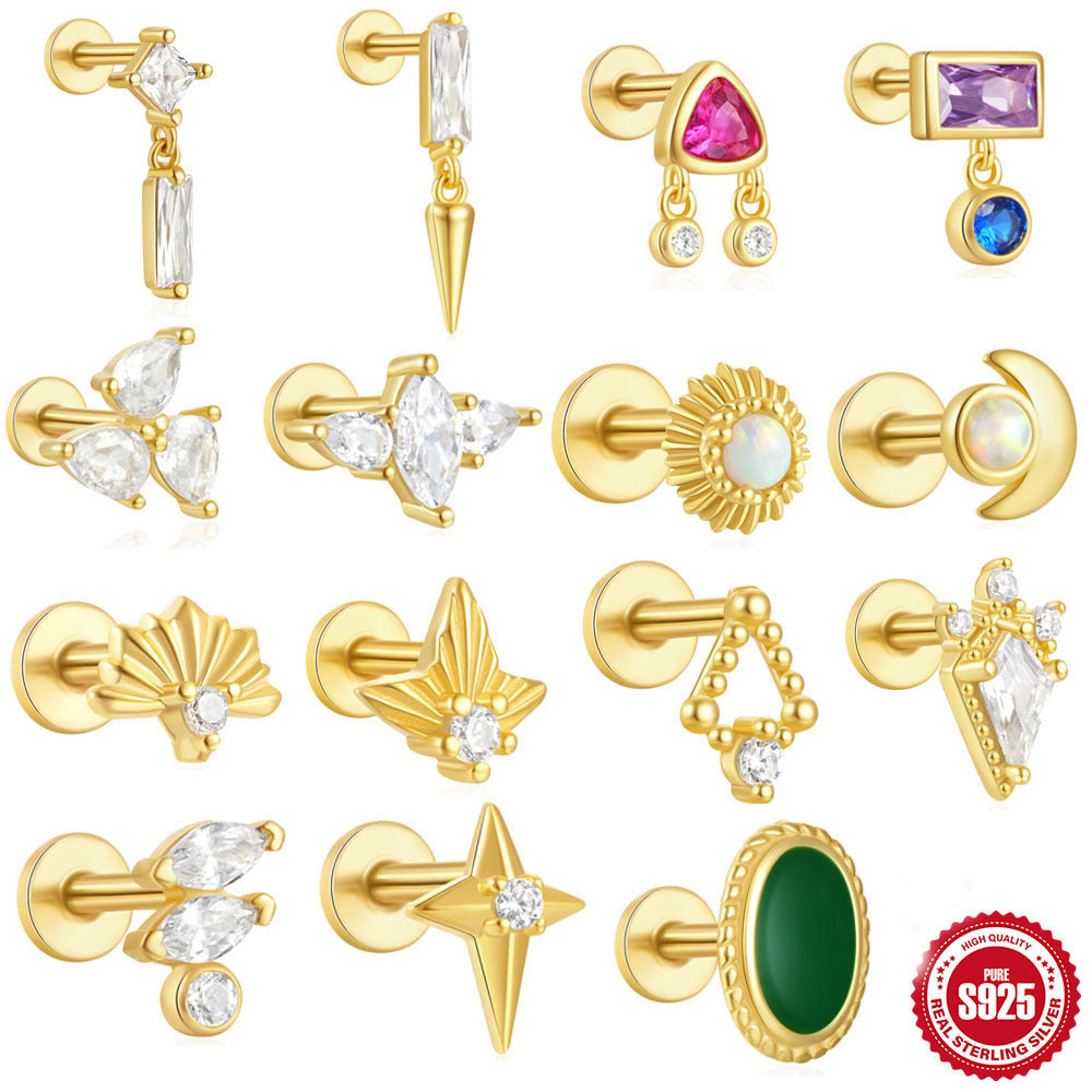 S925Sterling Silver Flat Threaded Piercing Chain Earrings Hot Sale Fashion Inlaid Diamond Opal Ear Bone Stud Earrings for Women