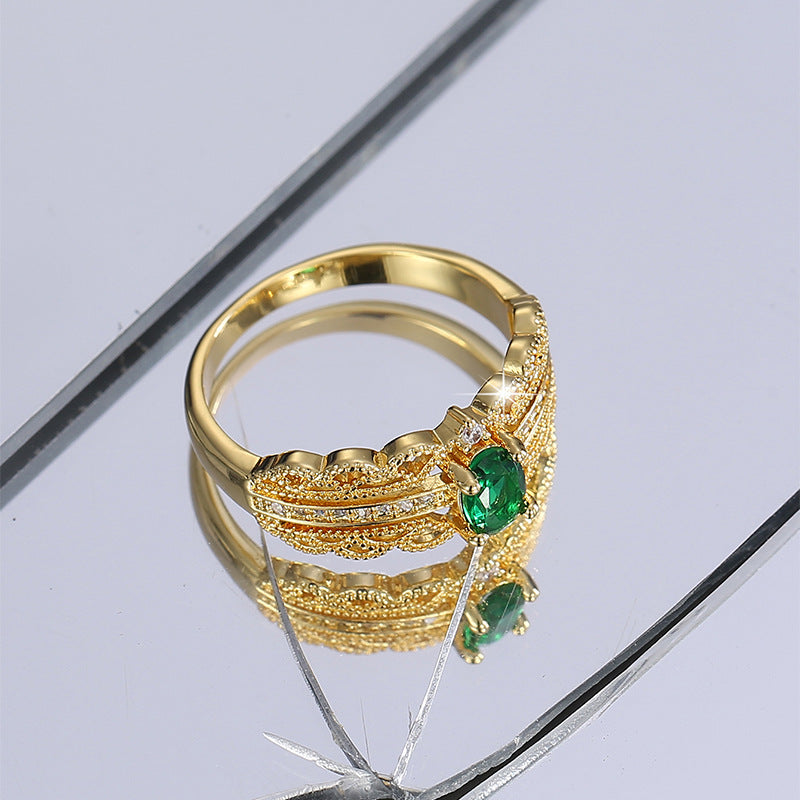 R0399 Fashion Baroque Women's Ring Brass Gold Plated with Green Zircon Simple