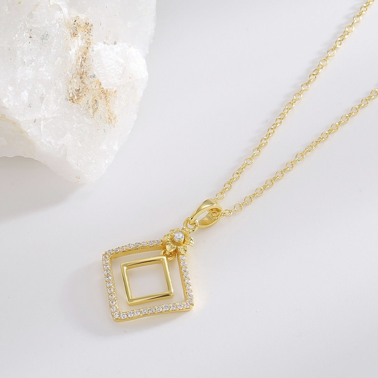 SN0009 S925 Silver Hollow Quadrilateral Pendant Necklace