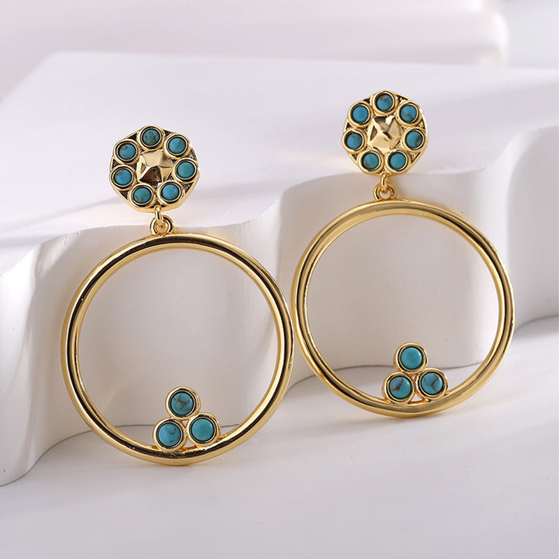 E0648 Korean Style Elegant Fashion Circle Earrings for Women Simple Retro Inlaid Blue Turquoise Hollow Earrings