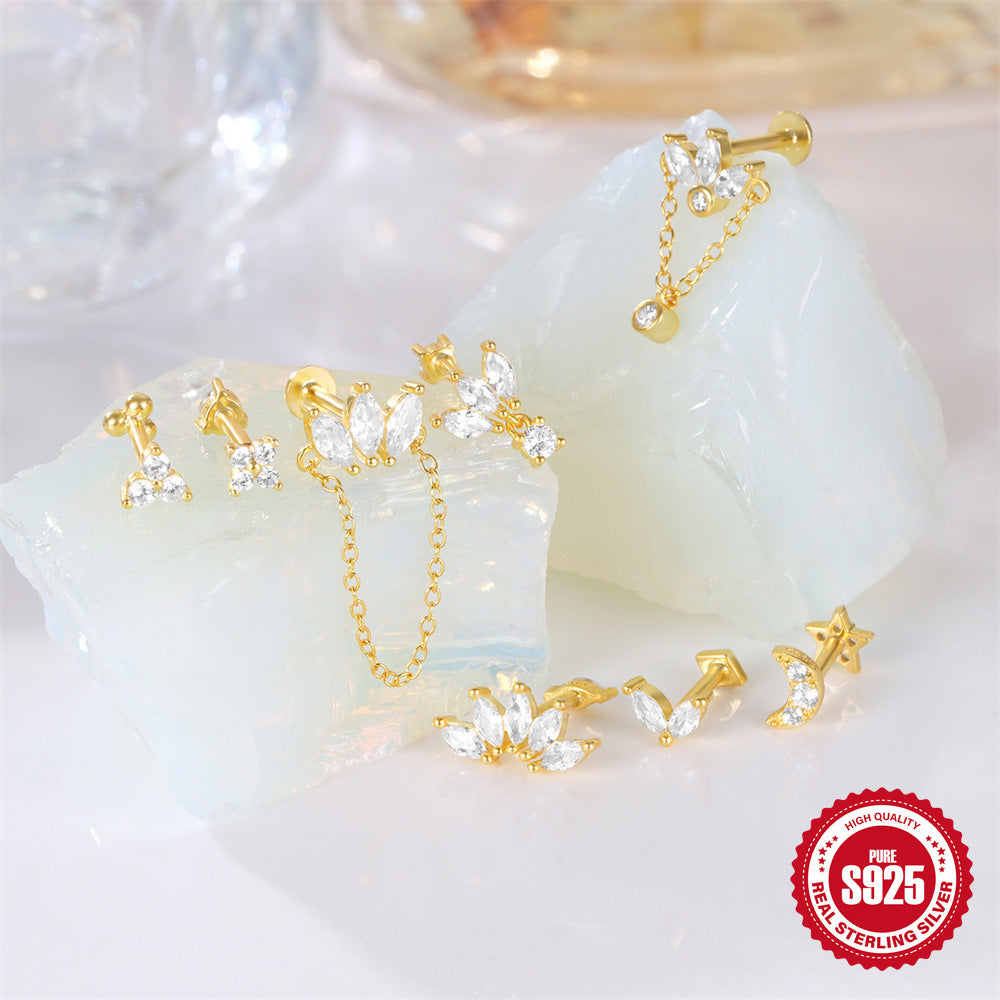 S925Sterling Silver Horse Eye Inlaid Diamond Crown Double-Sided Wearable Soft Bone Threaded Piercing Ear Bone Stud New Earrings for Women