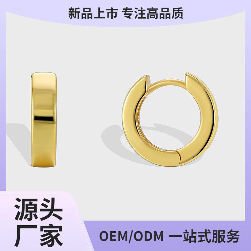 E0596 Classic Round Smooth Minimalist Earrings for Women Brass Gold-Plated Simple Hoop Vintage Ear Clips
