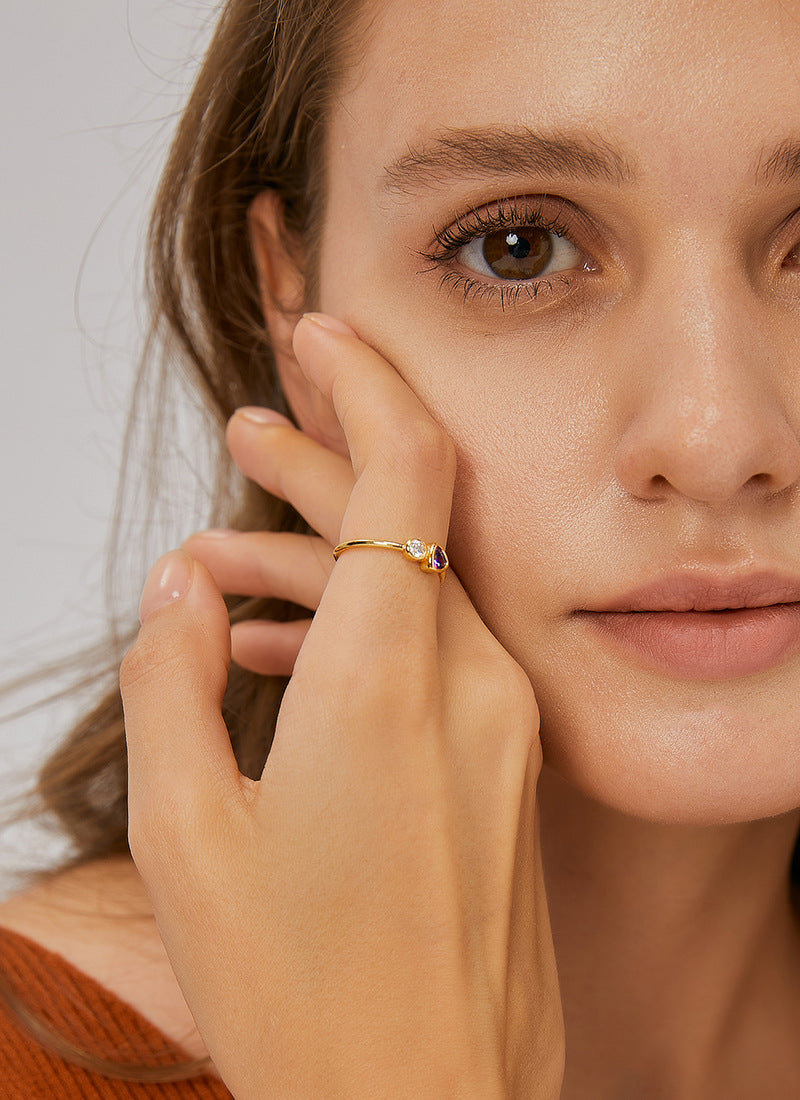 CYR0232 Brass Gold-Plated Triangle Purple Zircon Ring for Women Modern Simple Micro-Inlaid White Zircon