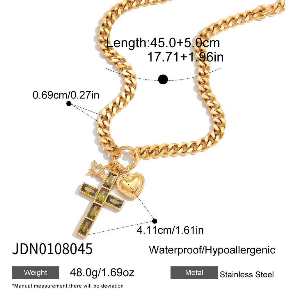 2H Zircon Cross Necklace Pendant Accessories Clavicle Chain Stainless Steel Jewelry
