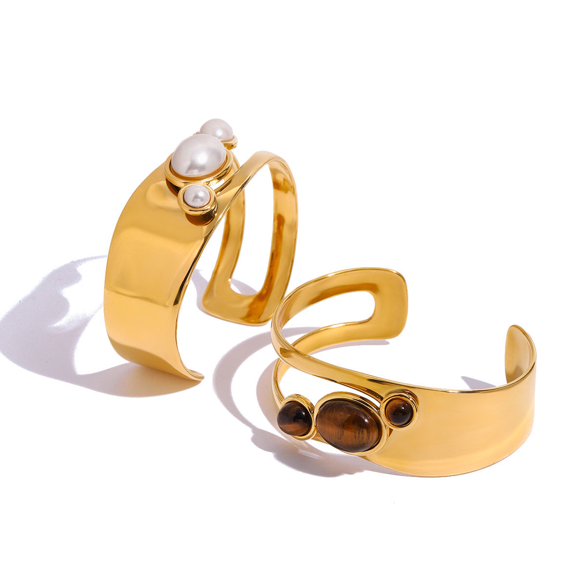 Stainless Steel Hollow Pearl Bracelet High Version Natural Stone Open Bangle