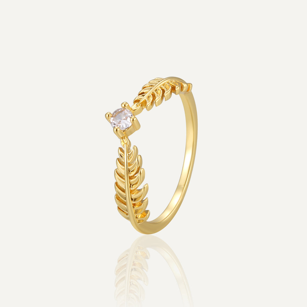 R0147 Japanese and Korean Pastoral Design Wheat Spike Four-Claw Zircon Ring for Women Copper Plated with Real Gold Elegant Fashion