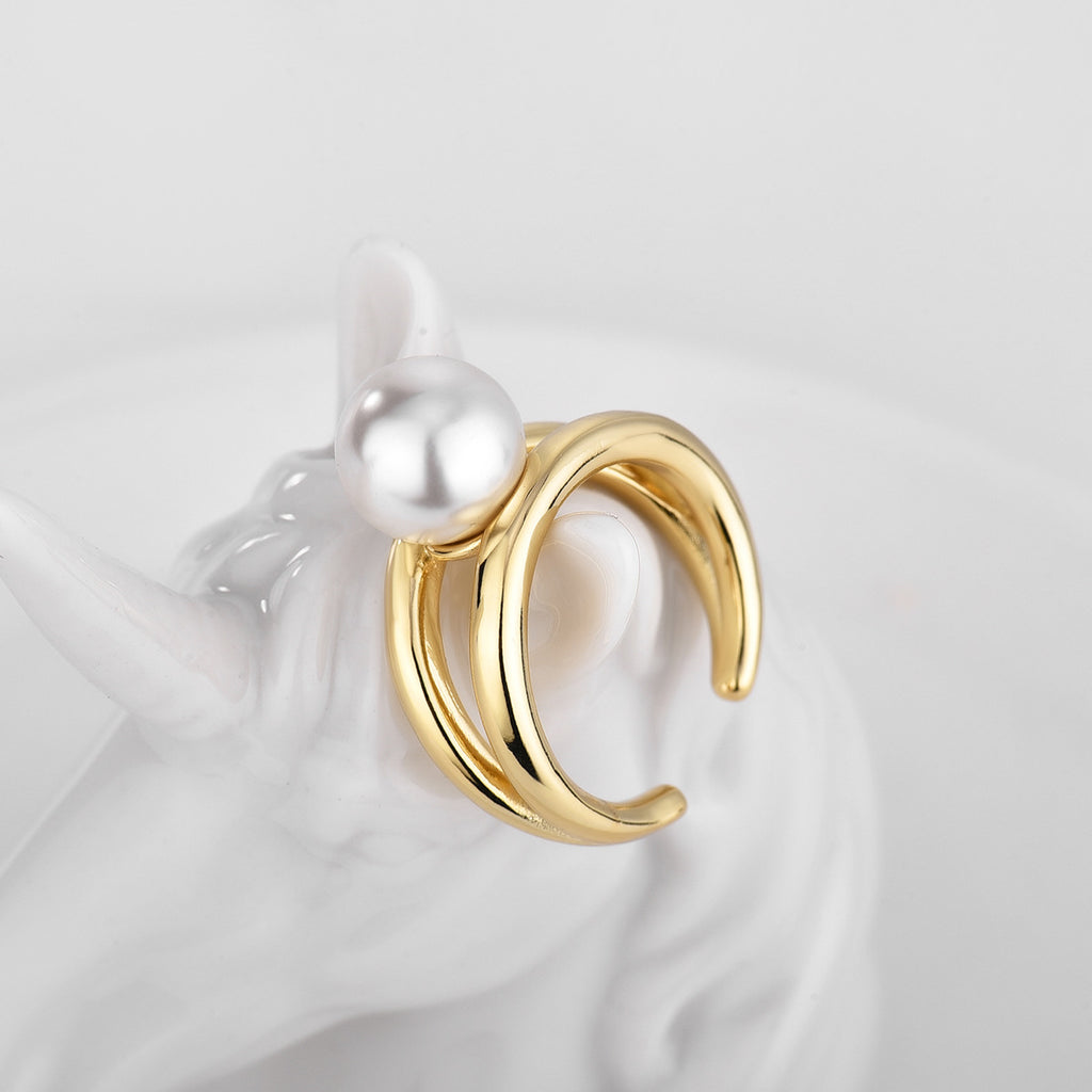 R0199Metal Open Ring Simulated Large Pearl Ring Simple