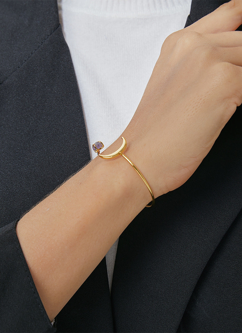 B0150 Korean Fresh Elegant Fashion Moon Shape Bracelet for Women Copper Plated with Real Gold Purple Stone Bangle