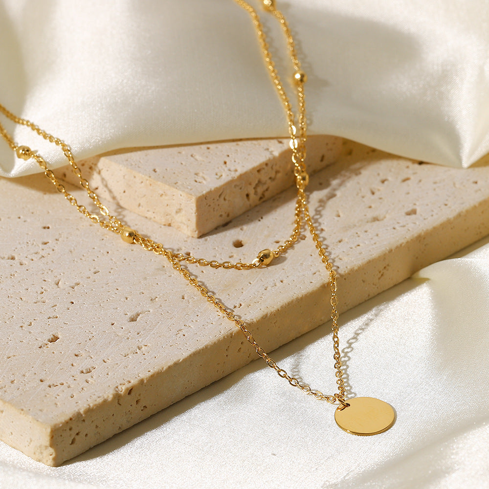 2H18K Gold-Plated Double-Layer Pendant Necklace Stainless Steel Bead Chain Round Pendant Neck Chain Women's Versatile Fashion Jewelry