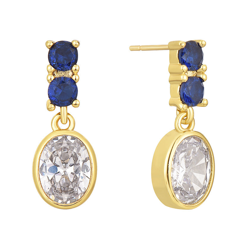 E0658 Elegant Fashion Oval Blue and White Zircon Earrings for Women Retro Minimalist Drop Earrings