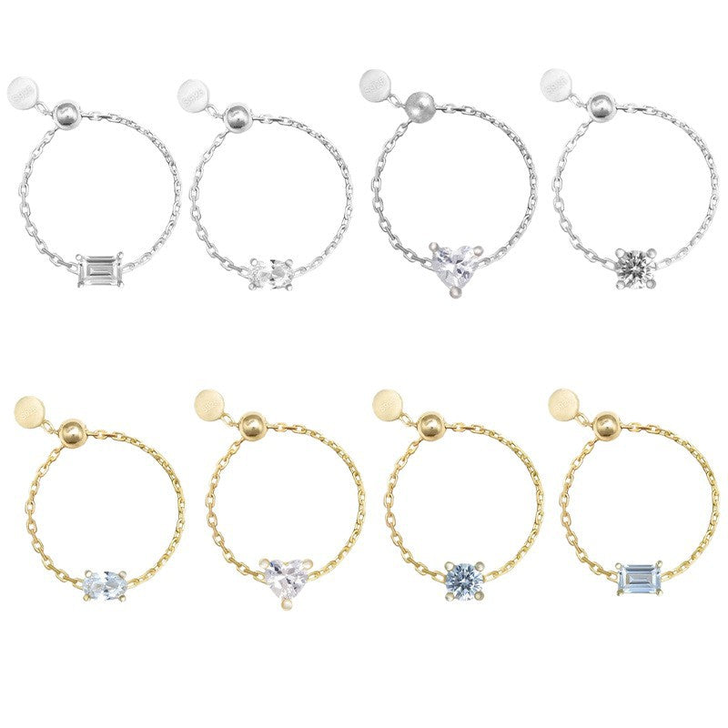 S925Sterling Silver Inlaid Simulated Diamond Zircon Open Ring Trendy Jewelry Adjustable Chain Ring