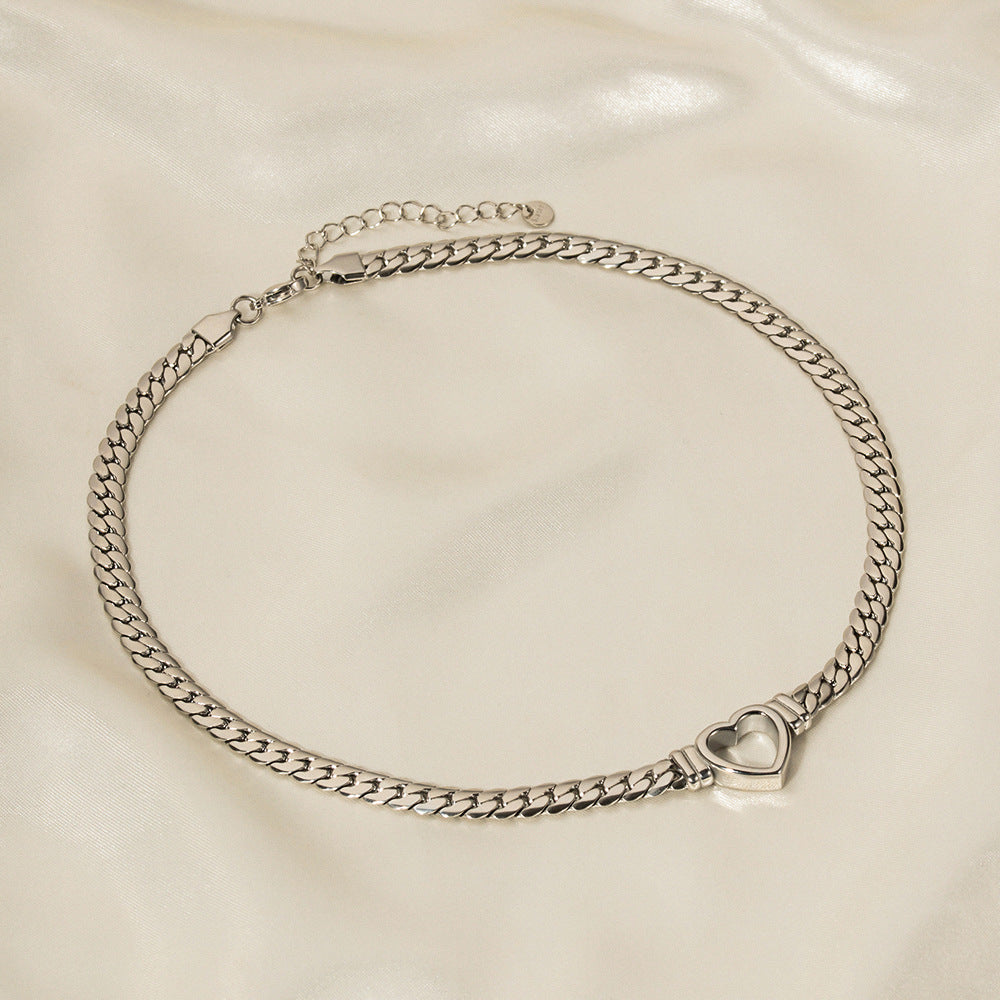 2H New Trend Stainless Steel Cuban Chain Heart Necklace14K Gold-Plated Hollow Flat Snake Chain Heart Pendant for Women Layered Wear