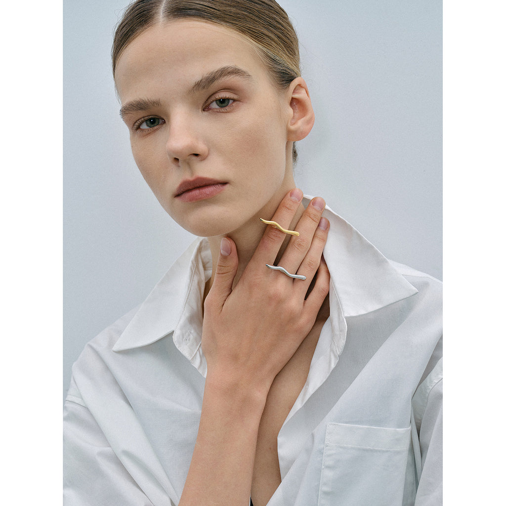 2H 18k Gold Stainless Steel/Minimalist Wave Open Ring Simple Style Fashion Line Ring for Women