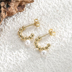E0387 Brass Plated18k Gold Vintage Round Bead Inlaid Pearl Earrings C Shell Pearl Earrings for Women
