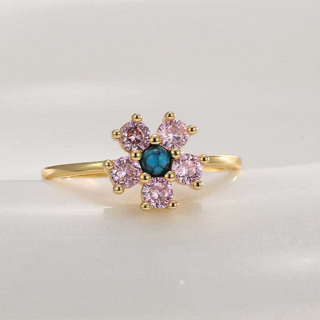R0690 Cute Flower Pink Zircon Ring for Women Plated18K Golden Sweet Cool Style Turquoise