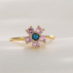 R0690 Cute Flower Pink Zircon Ring for Women Plated18K Golden Sweet Cool Style Turquoise