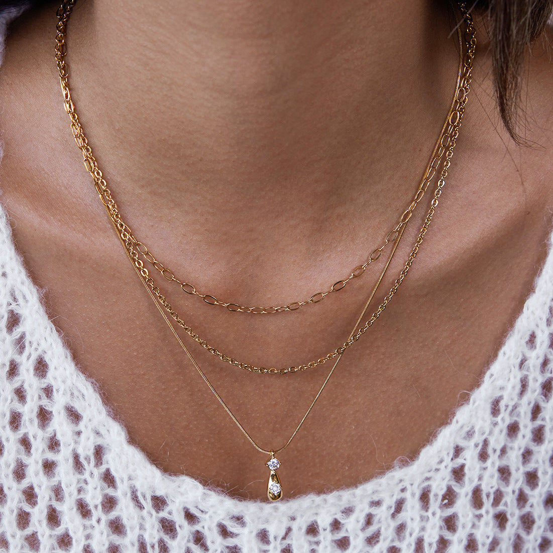 2H Three-layer Zircon Stacked Necklace Collarbone Chain Stainless Steel Jewelry Accessories