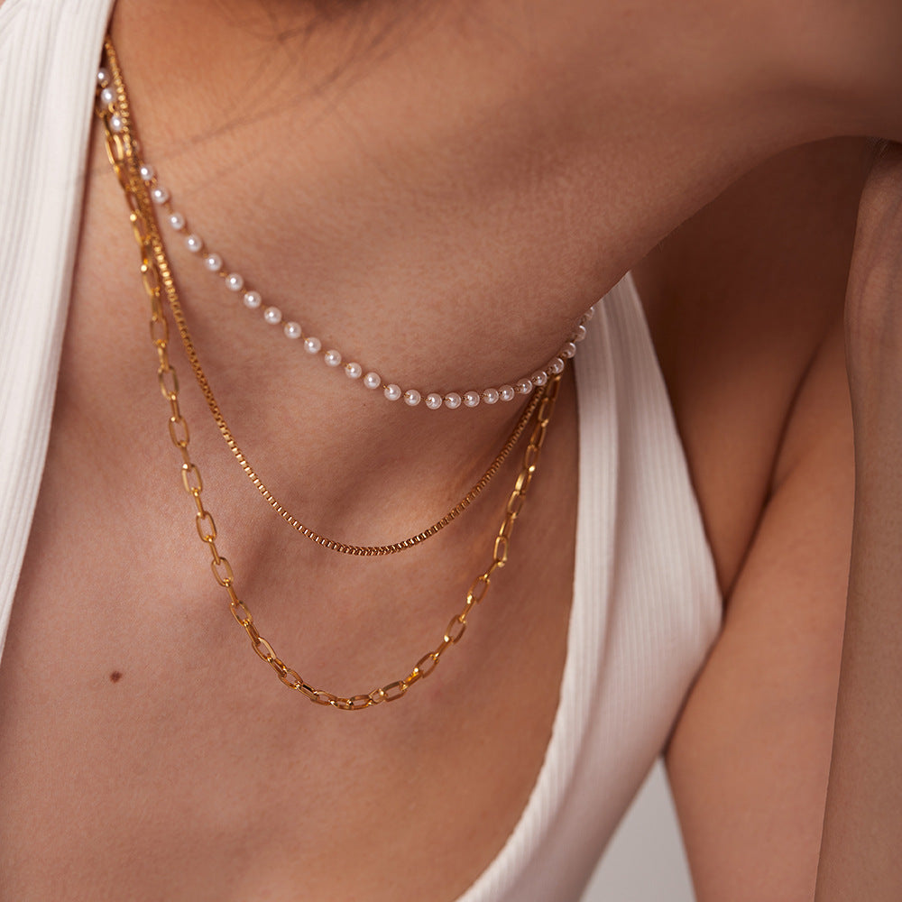 2H  Same Style Necklace Individually Packaged18K Gold Stainless Steel Small Pearl Lock Chain Three-Layer Women's Chain