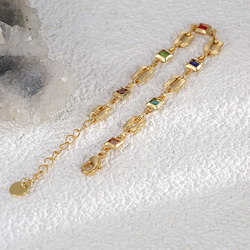 B0139 New Fashion Retro Colorful Stone Bracelet for Women Geometric Multicolor Brass Gold Plated