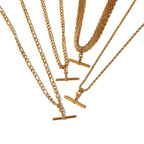 朋克嘻哈18K Gold Stainless Steel T Rod Pendant Rope Chain/Figaro Chain/Cuban Chain Choker Necklace