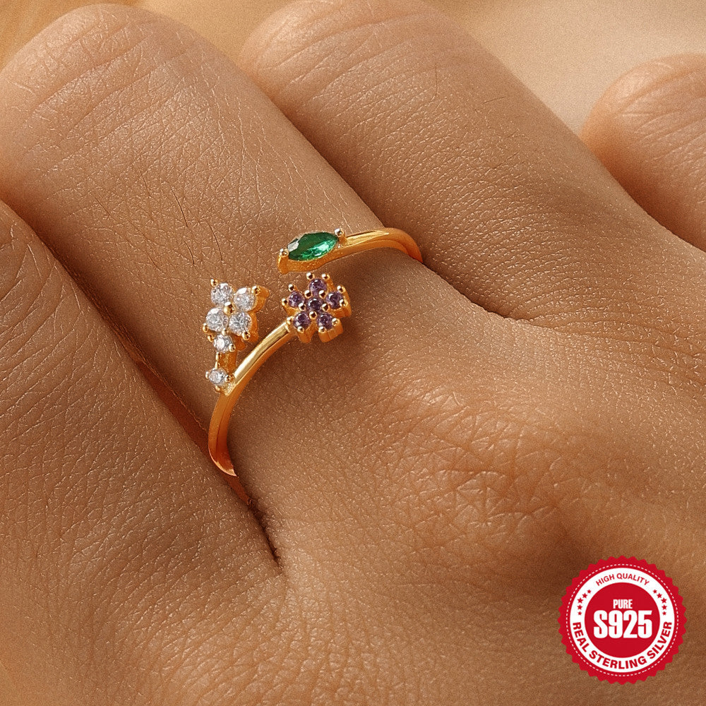 S925Sterling Silver Heart Flower Inlaid Diamond Open Ring Korean Style Opal Index Finger Ring