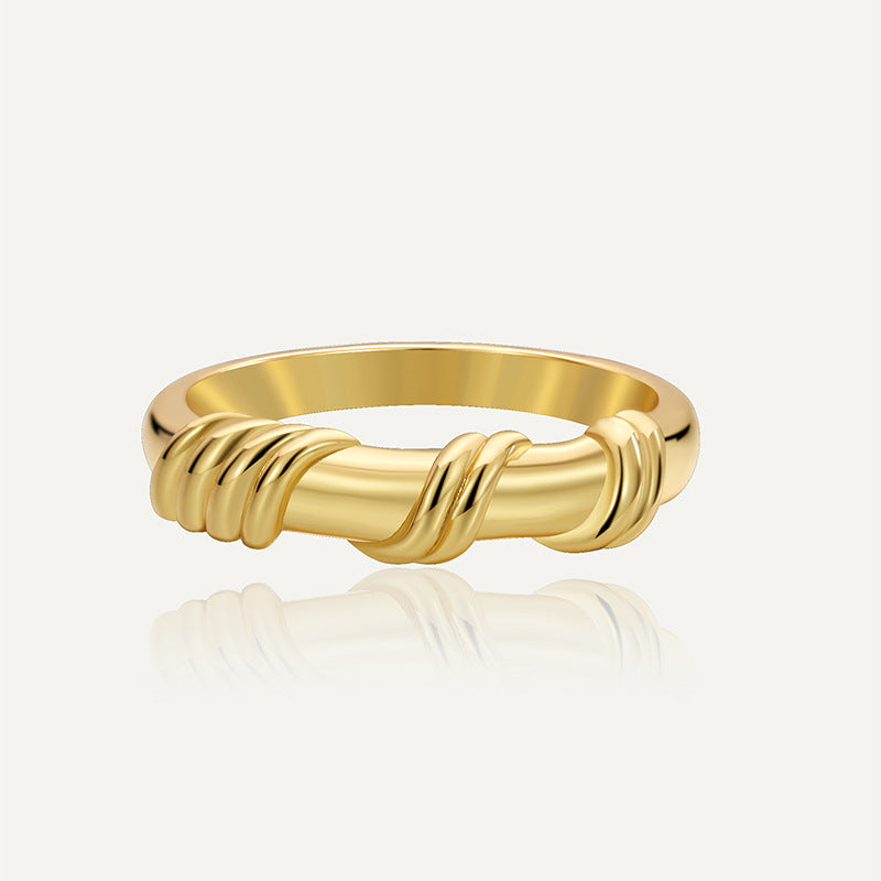 R0312 Knot Wrapped Smooth Ring for Women with Vintage Minimalist Design and Gold Plating