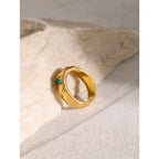 2H 18K Gold Stainless Steel Zircon Ring for Women Hammered Texture with Pink Zircon and Blue Green Zircon Ring