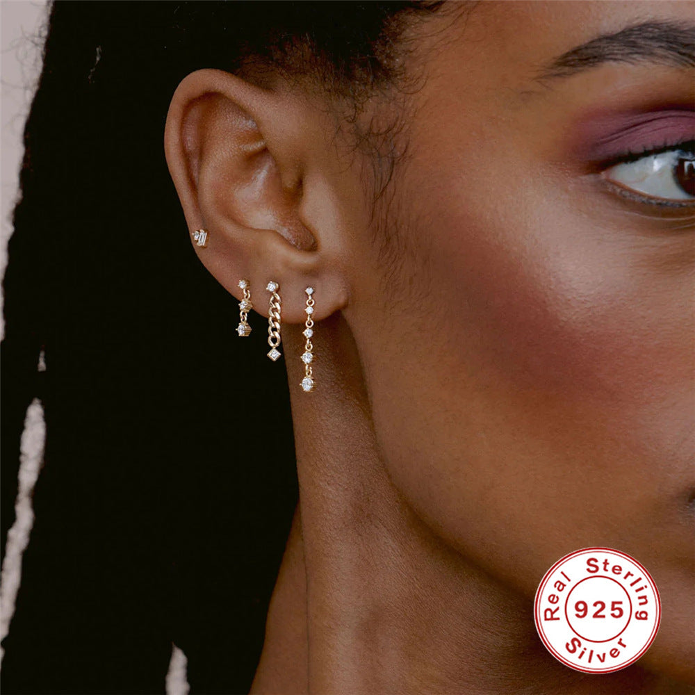 S925Sterling Silver Butterfly Inlaid Diamond Chain Tassel Earrings Stud Earrings Korean Style Fairy Outfit Earrings