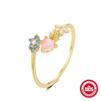S925Sterling Silver Heart Flower Inlaid Diamond Open Ring Korean Style Opal Index Finger Ring
