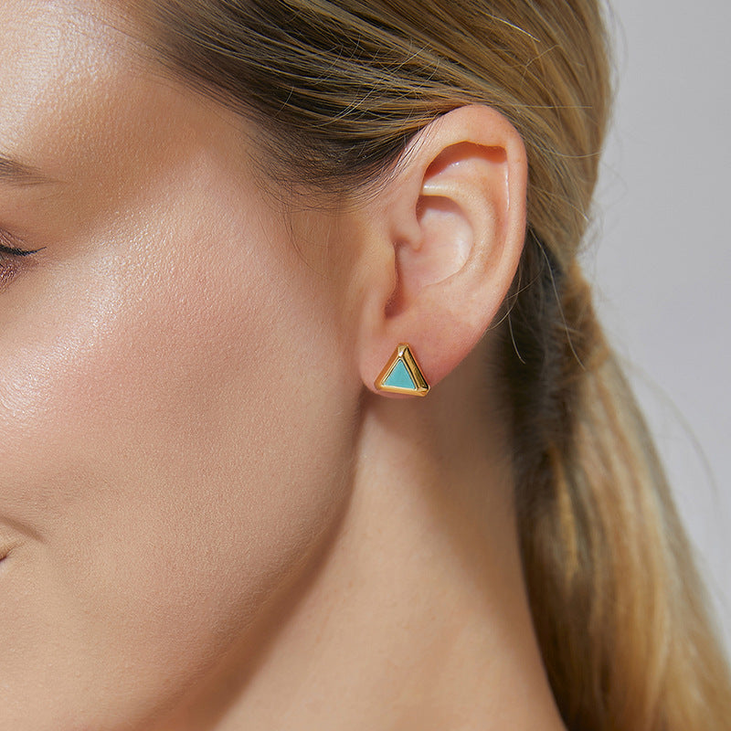 E0569 Small Elegant Triangle Stud Earrings for Women Fashion Brass Gold-Plated Turquoise Earrings