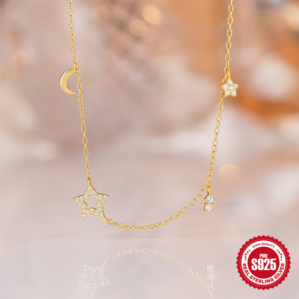 S925 Sterling Silver Star Moon Zircon Layered Collarbone Necklace